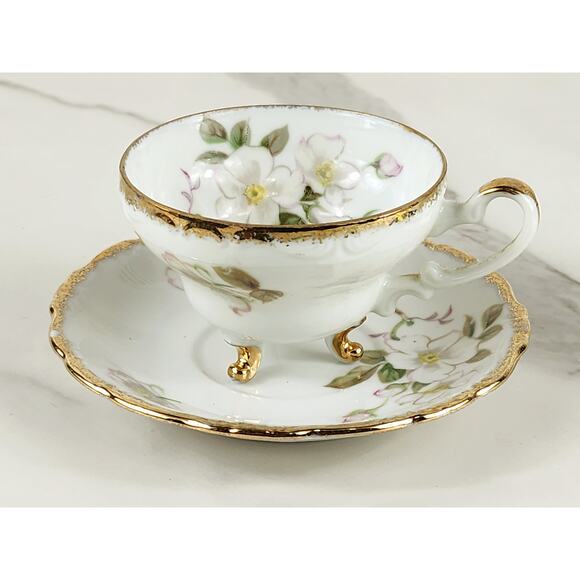 Cherry China Teacup Footed Saucer Floral Gardenias Gold Trim 30's Japan Vintage - Picture 2 of 14